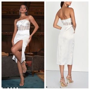 Lulu’s High-Class Hottie White Satin Strapless Bustier Midi Dress
